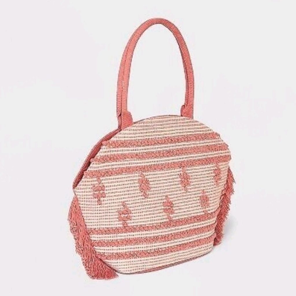 Shade & Shore Bags Rose Pink Fringe Boxy Straw Tote Beach Bag